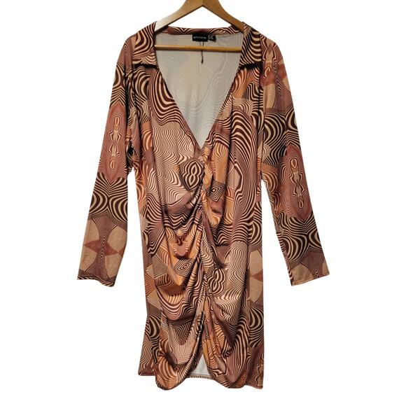 NWOT PrettyLittleThing Groovy Mod Ruched Front Dress Women's Disco 70's 60's‎ - Picture 1 of 5